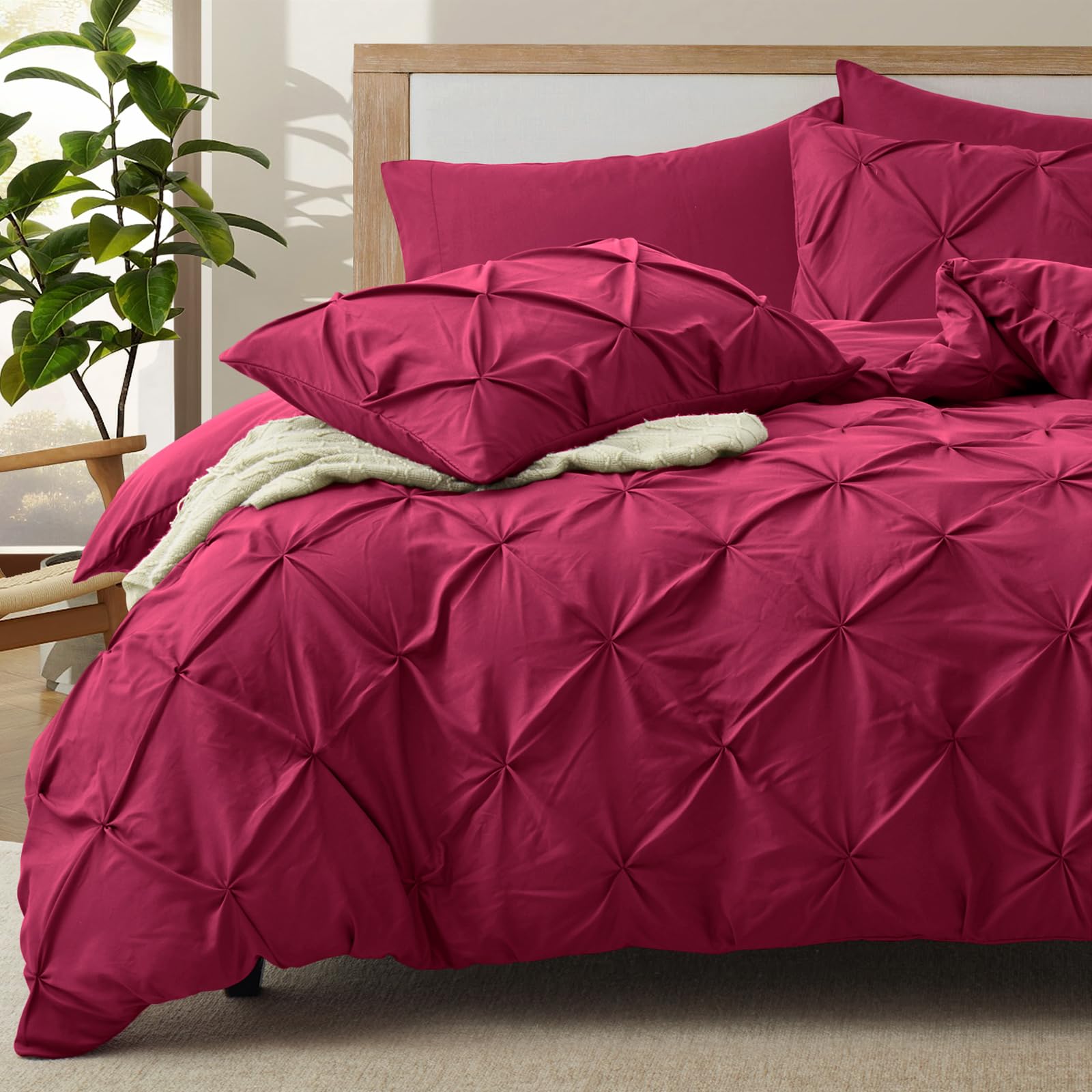 Vacvelt 5 Piece Pinch Pleated Duvet Cover King Size Set, Burgundy Pintuck Duvet Cover With Zipper & 8 Ties, Shabby Chic Microfib